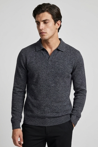 Men's long-sleeve textured knit polo shirt with pointed collar