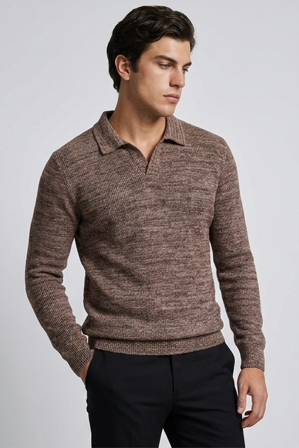 Men's long-sleeve textured knit polo shirt with pointed collar