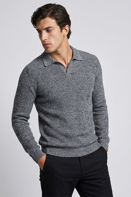 Men's long-sleeve textured knit polo shirt with pointed collar