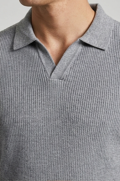Men's long-sleeve textured knit polo shirt with pointed collar