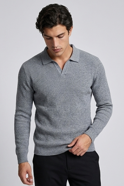 Men's long-sleeve textured knit polo shirt with pointed collar