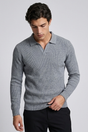 Men's long-sleeve textured knit polo shirt with pointed collar