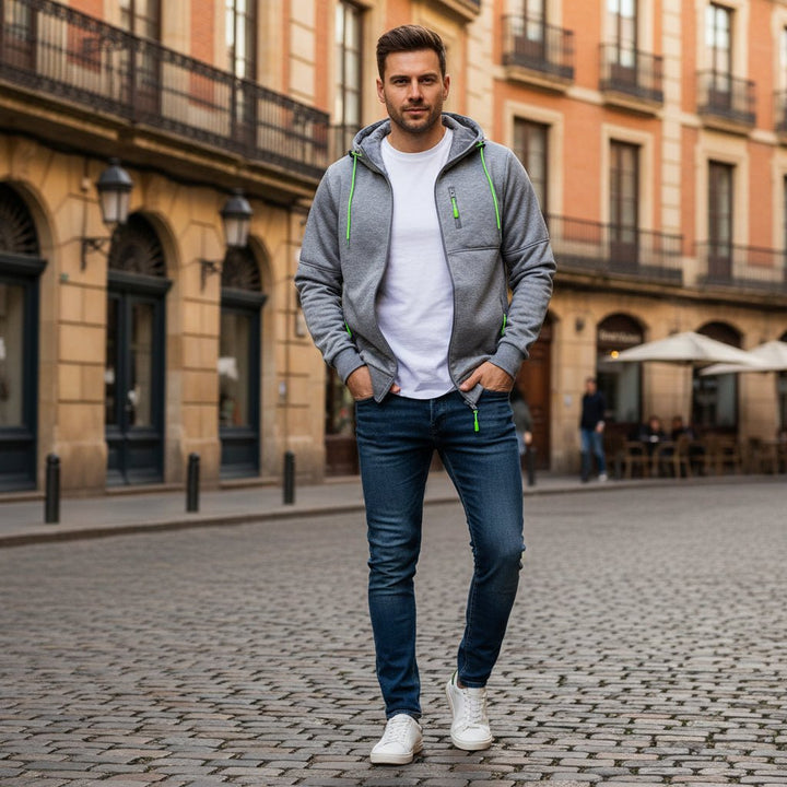 Men's full zip hoodie with drawstring hood and zip pockets