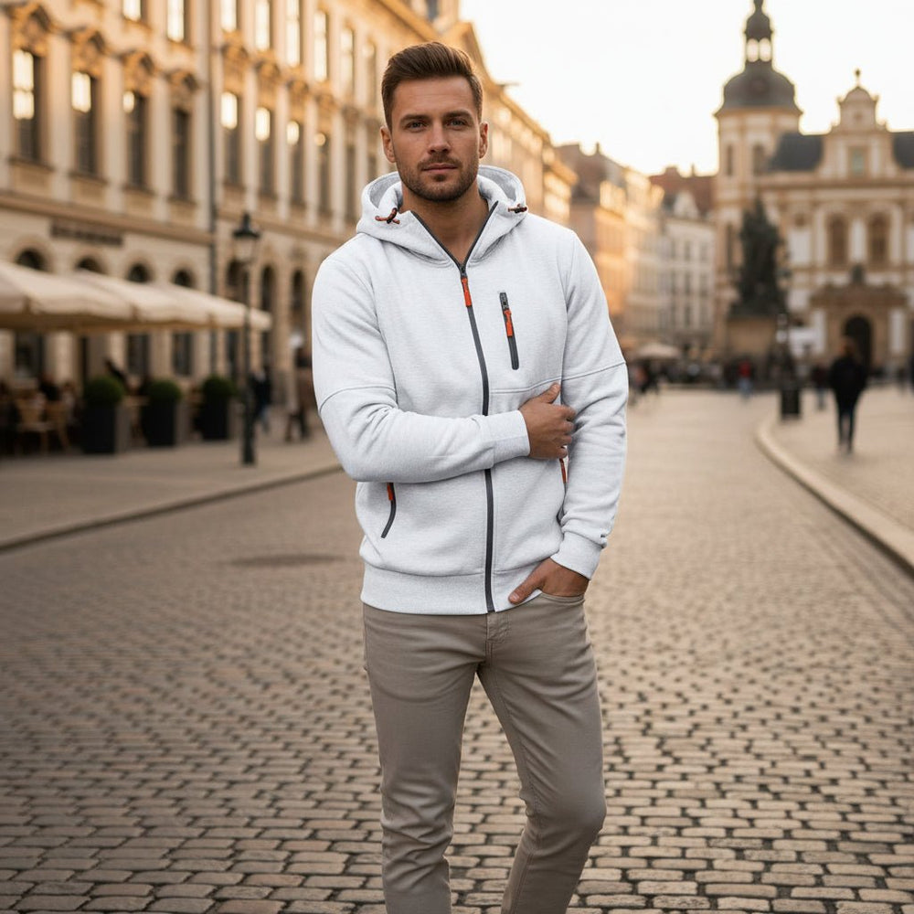Men's full zip hoodie with drawstring hood and zip pockets