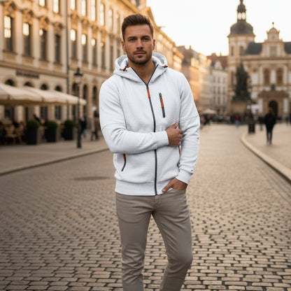Men's full zip hoodie with drawstring hood and zip pockets