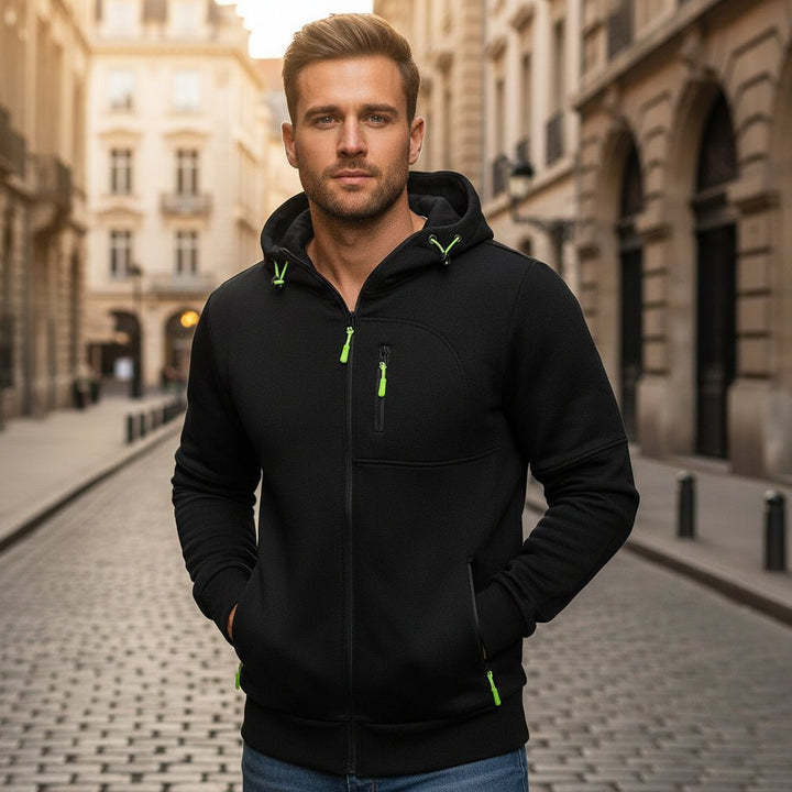 Men's full zip hoodie with drawstring hood and zip pockets
