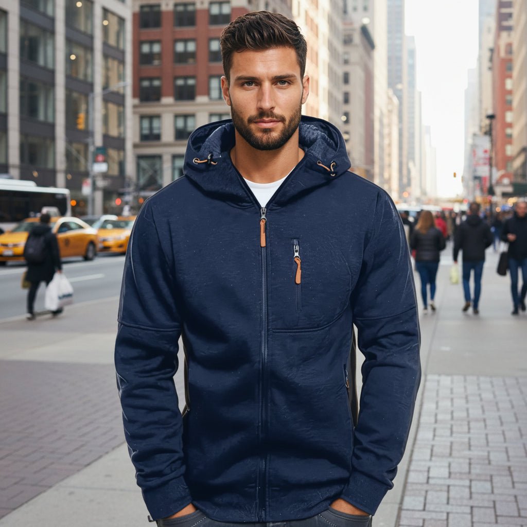 Men's full zip hoodie with drawstring hood and zip pockets