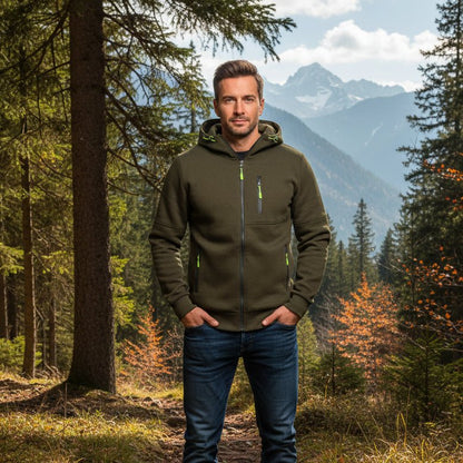 Men's full zip hoodie with drawstring hood and zip pockets