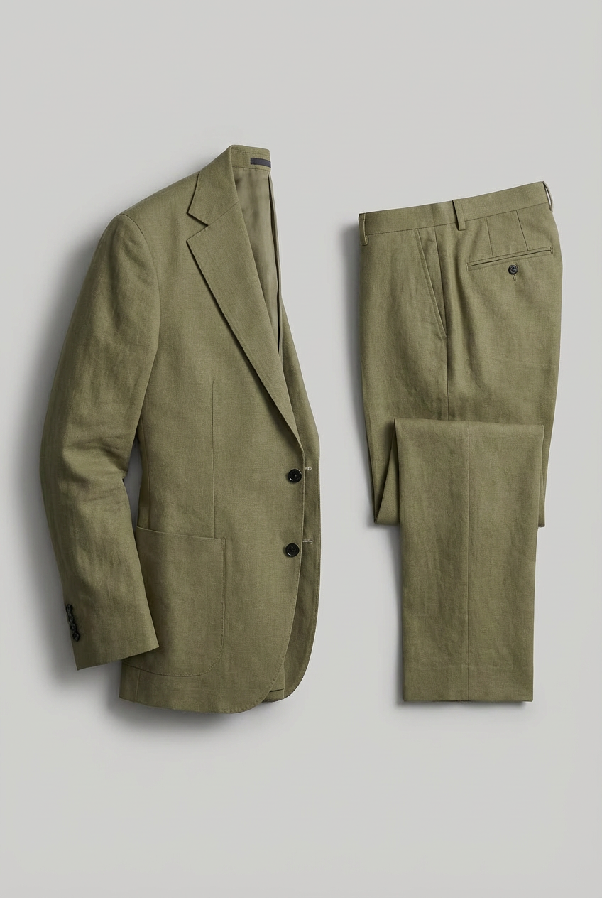 Men's two-piece suit with notch-lapel jacket, buttoned front and matching straight-leg trousers