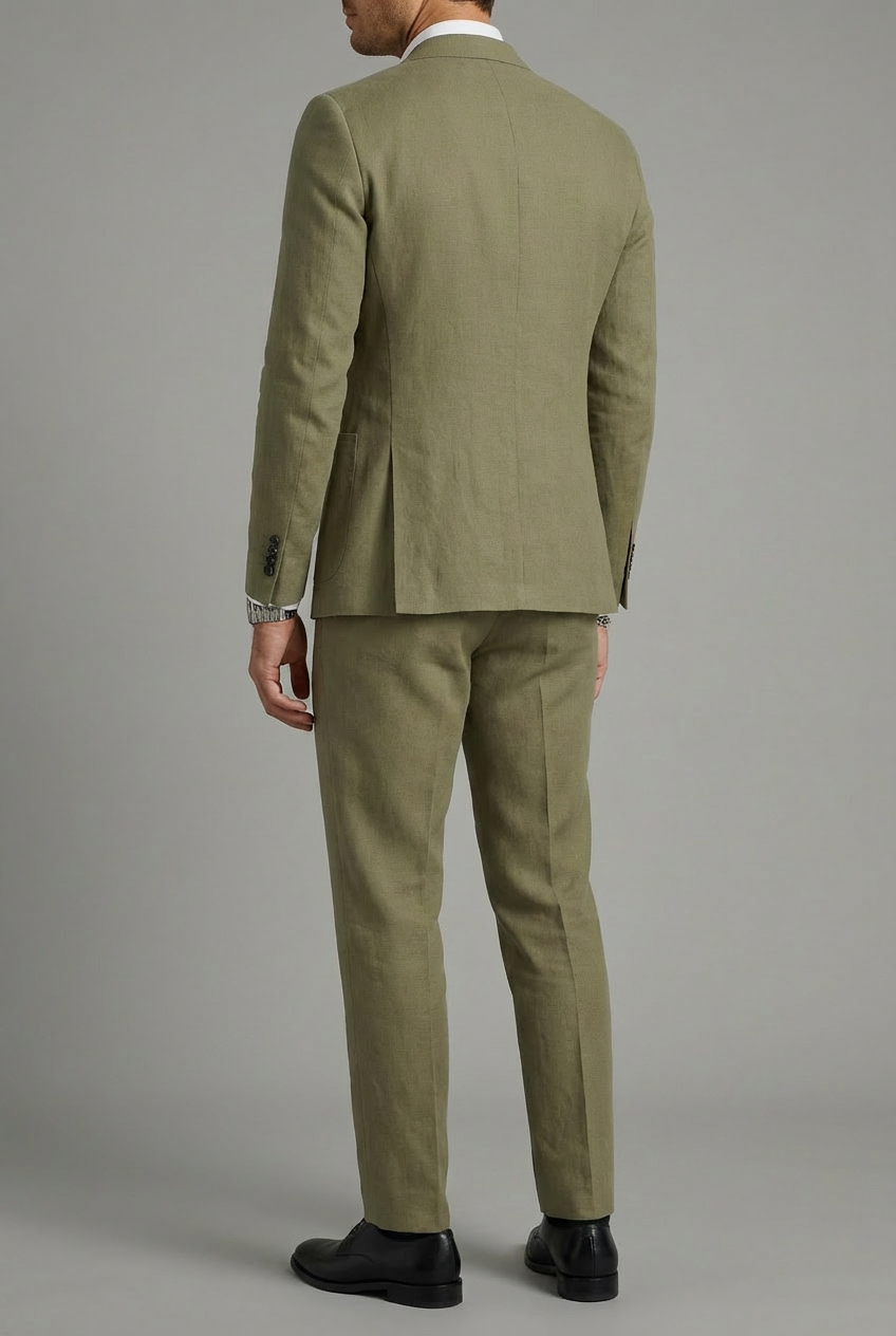 Men's two-piece suit with notch-lapel jacket, buttoned front and matching straight-leg trousers