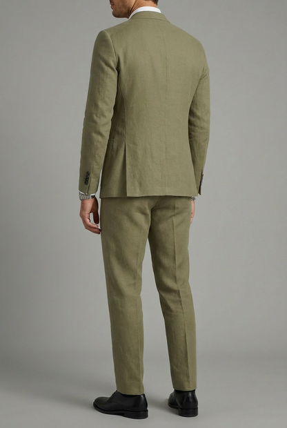 Men's two-piece suit with notch-lapel jacket, buttoned front and matching straight-leg trousers