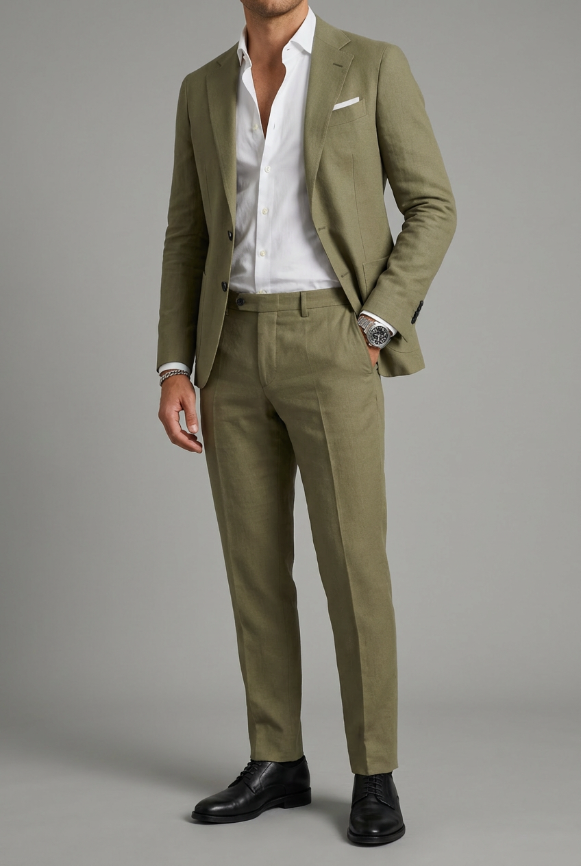 Men's two-piece suit with notch-lapel jacket, buttoned front and matching straight-leg trousers