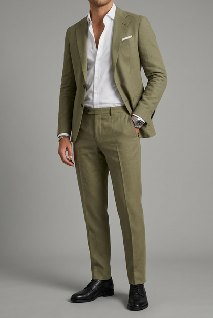Men's two-piece suit with notch-lapel jacket, buttoned front and matching straight-leg trousers