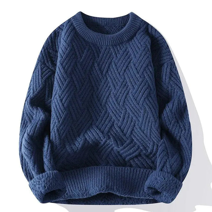 Men's cable knit crewneck sweater with long sleeves and ribbed trims