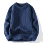 Men's cable knit crewneck sweater with long sleeves and ribbed trims
