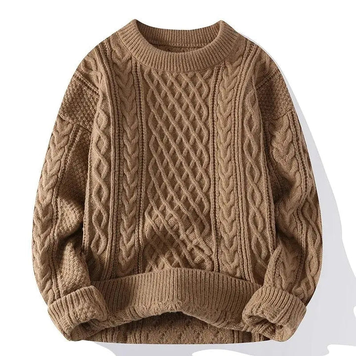 Men's cable knit crewneck sweater with long sleeves and ribbed trims