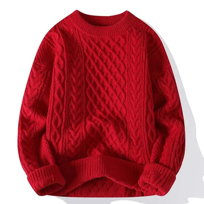Men's cable knit crewneck sweater with long sleeves and ribbed trims