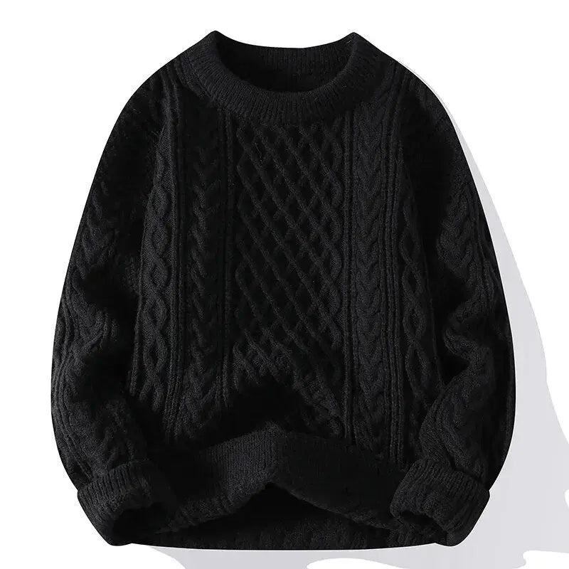 Men's cable knit crewneck sweater with long sleeves and ribbed trims