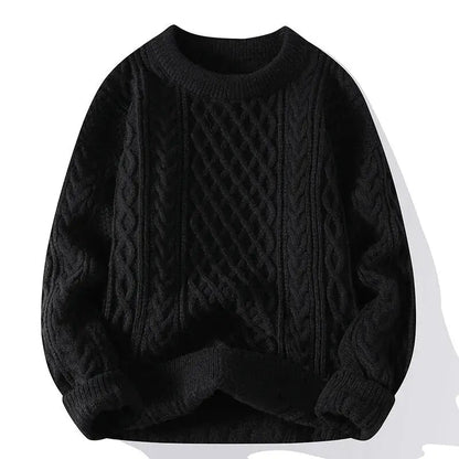 Men's cable knit crewneck sweater with long sleeves and ribbed trims