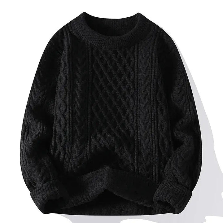Men's cable knit crewneck sweater with long sleeves and ribbed trims