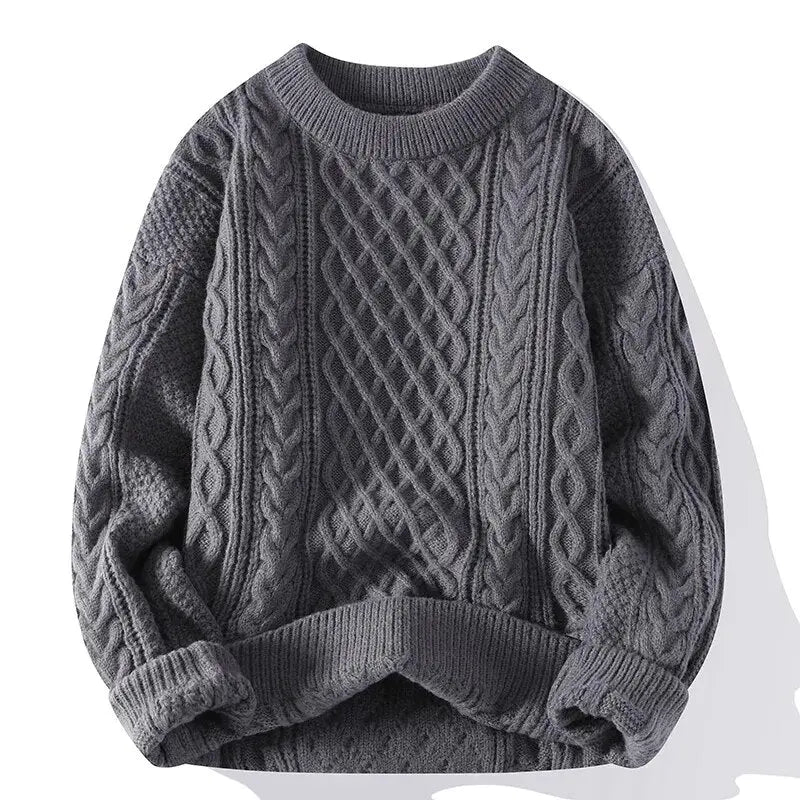 Men's cable knit crewneck sweater with long sleeves and ribbed trims