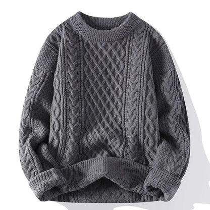 Men's cable knit crewneck sweater with long sleeves and ribbed trims