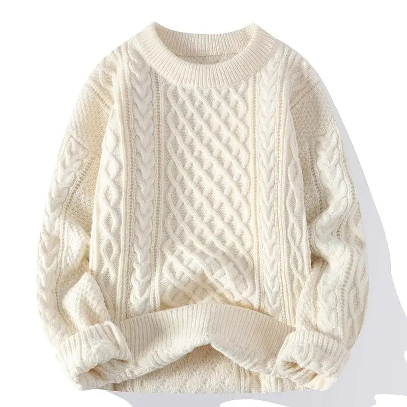 Men's cable knit crewneck sweater with long sleeves and ribbed trims