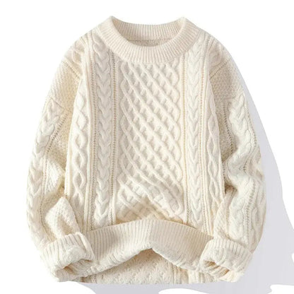 Men's cable knit crewneck sweater with long sleeves and ribbed trims