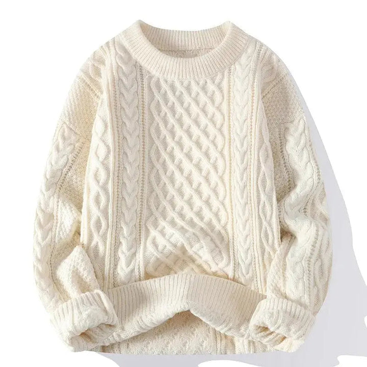 Men's cable knit crewneck sweater with long sleeves and ribbed trims