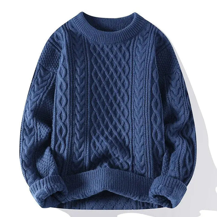 Men's cable knit crewneck sweater with long sleeves and ribbed trims