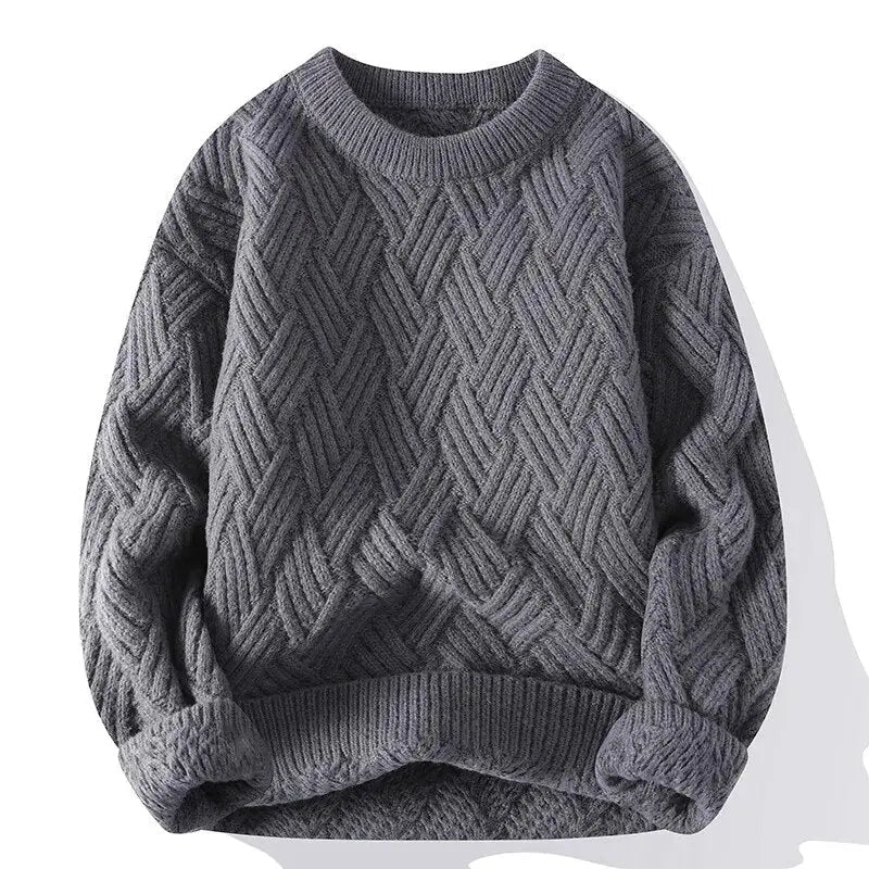 Men's cable knit crewneck sweater with long sleeves and ribbed trims