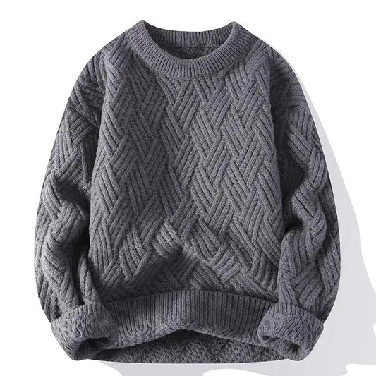 Men's cable knit crewneck sweater with long sleeves and ribbed trims