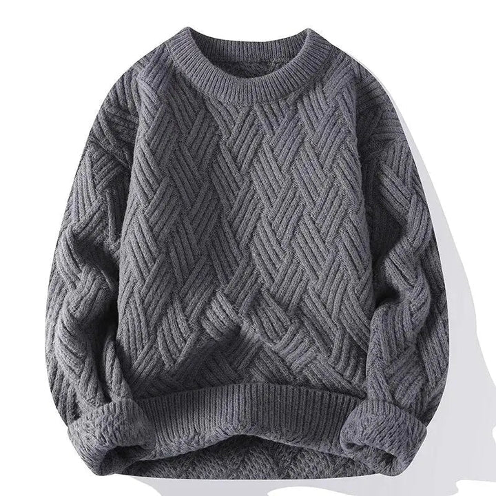 Men's cable knit crewneck sweater with long sleeves and ribbed trims