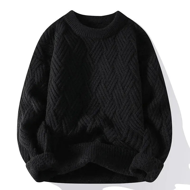 Men's cable knit crewneck sweater with long sleeves and ribbed trims