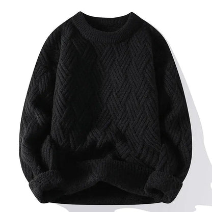 Men's cable knit crewneck sweater with long sleeves and ribbed trims