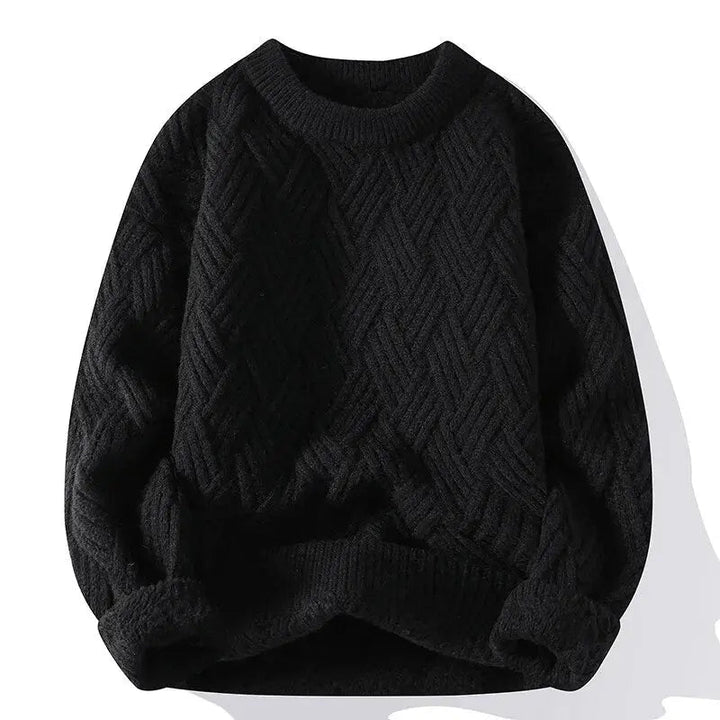 Men's cable knit crewneck sweater with long sleeves and ribbed trims
