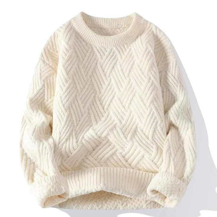 Men's cable knit crewneck sweater with long sleeves and ribbed trims