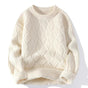 Men's cable knit crewneck sweater with long sleeves and ribbed trims