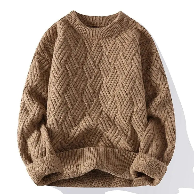 Men's cable knit crewneck sweater with long sleeves and ribbed trims