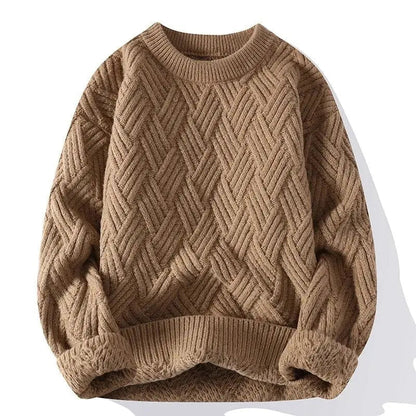 Men's cable knit crewneck sweater with long sleeves and ribbed trims