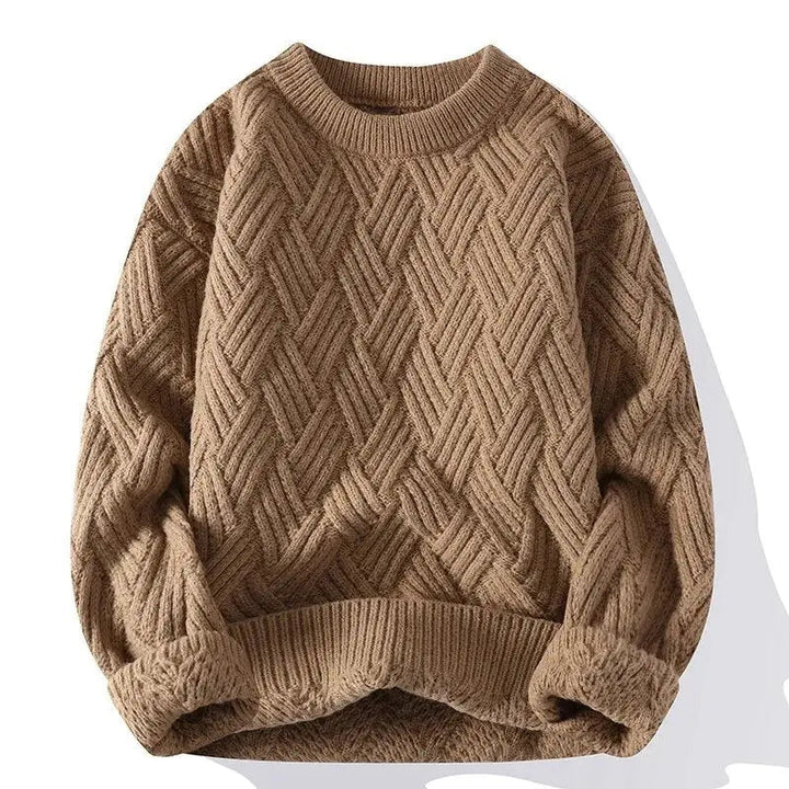Men's cable knit crewneck sweater with long sleeves and ribbed trims