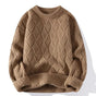 Men's cable knit crewneck sweater with long sleeves and ribbed trims