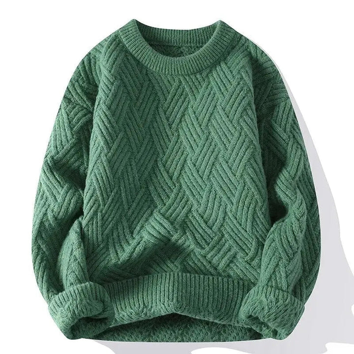 Men's cable knit crewneck sweater with long sleeves and ribbed trims