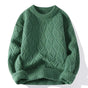 Men's cable knit crewneck sweater with long sleeves and ribbed trims