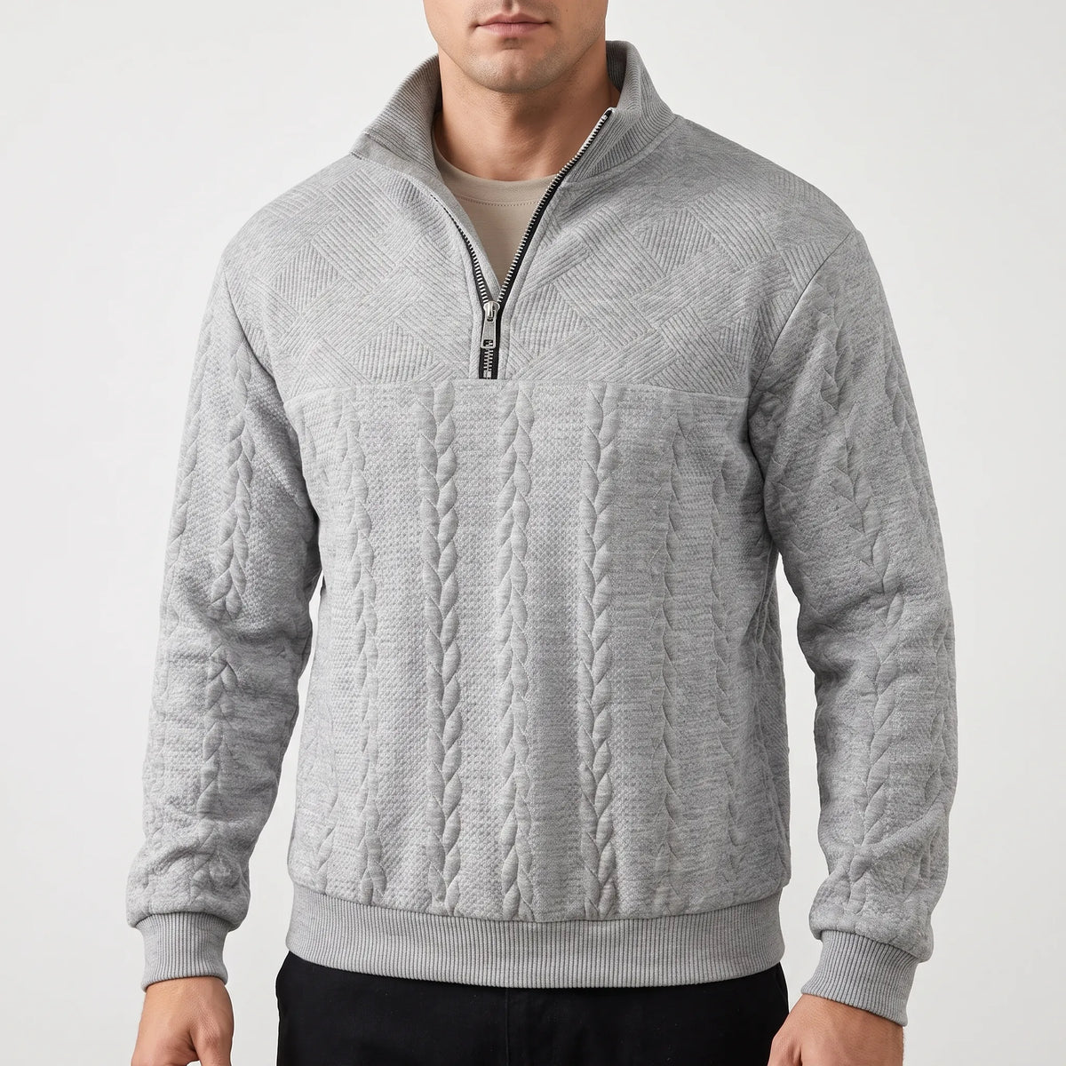Men's textured quarter-zip sweater with mock neck and ribbed trims