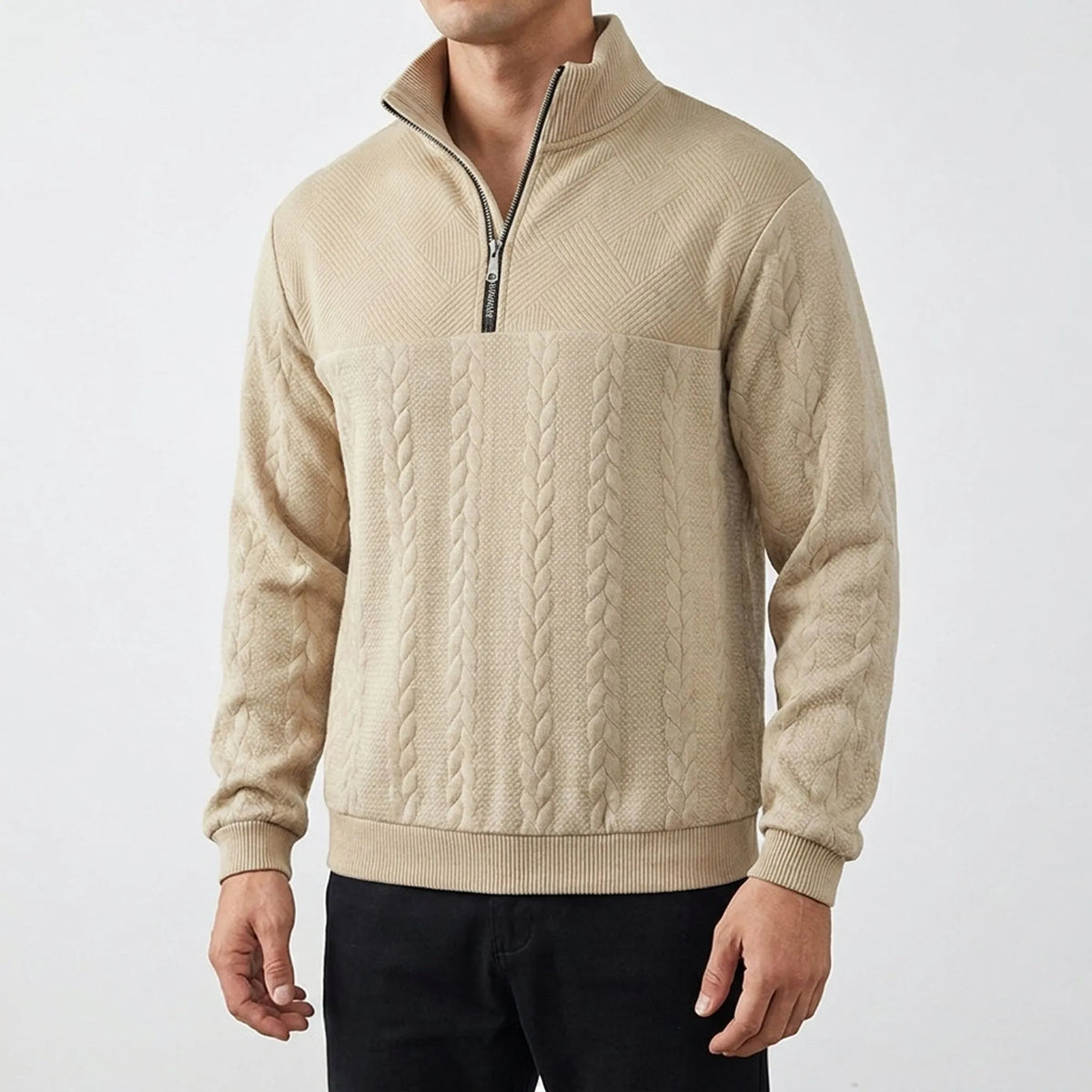 Men's textured quarter-zip sweater with mock neck and ribbed trims