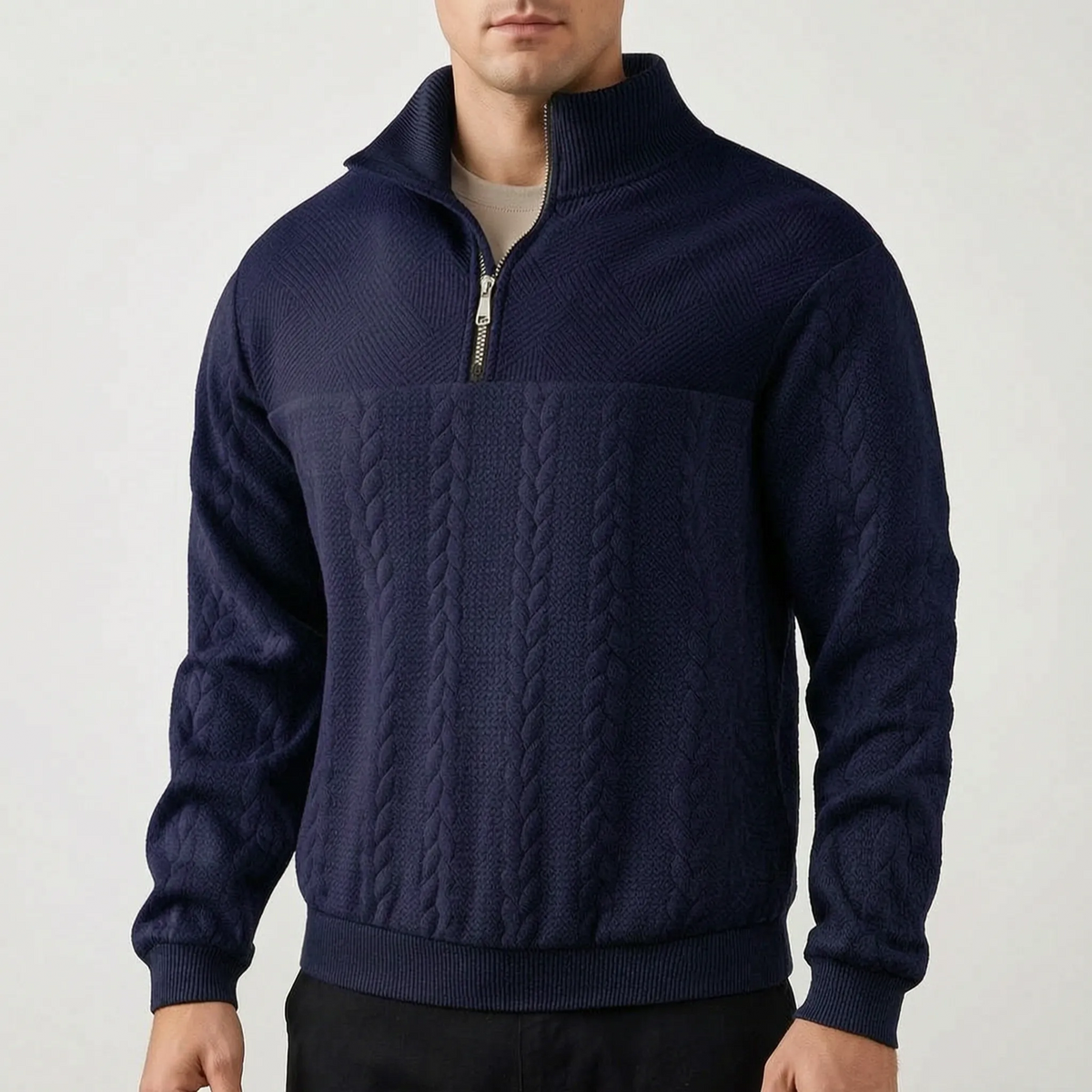 Men's textured quarter-zip sweater with mock neck and ribbed trims