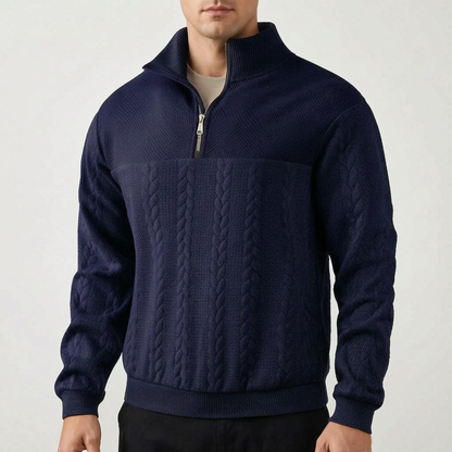 Men's textured quarter-zip sweater with mock neck and ribbed trims