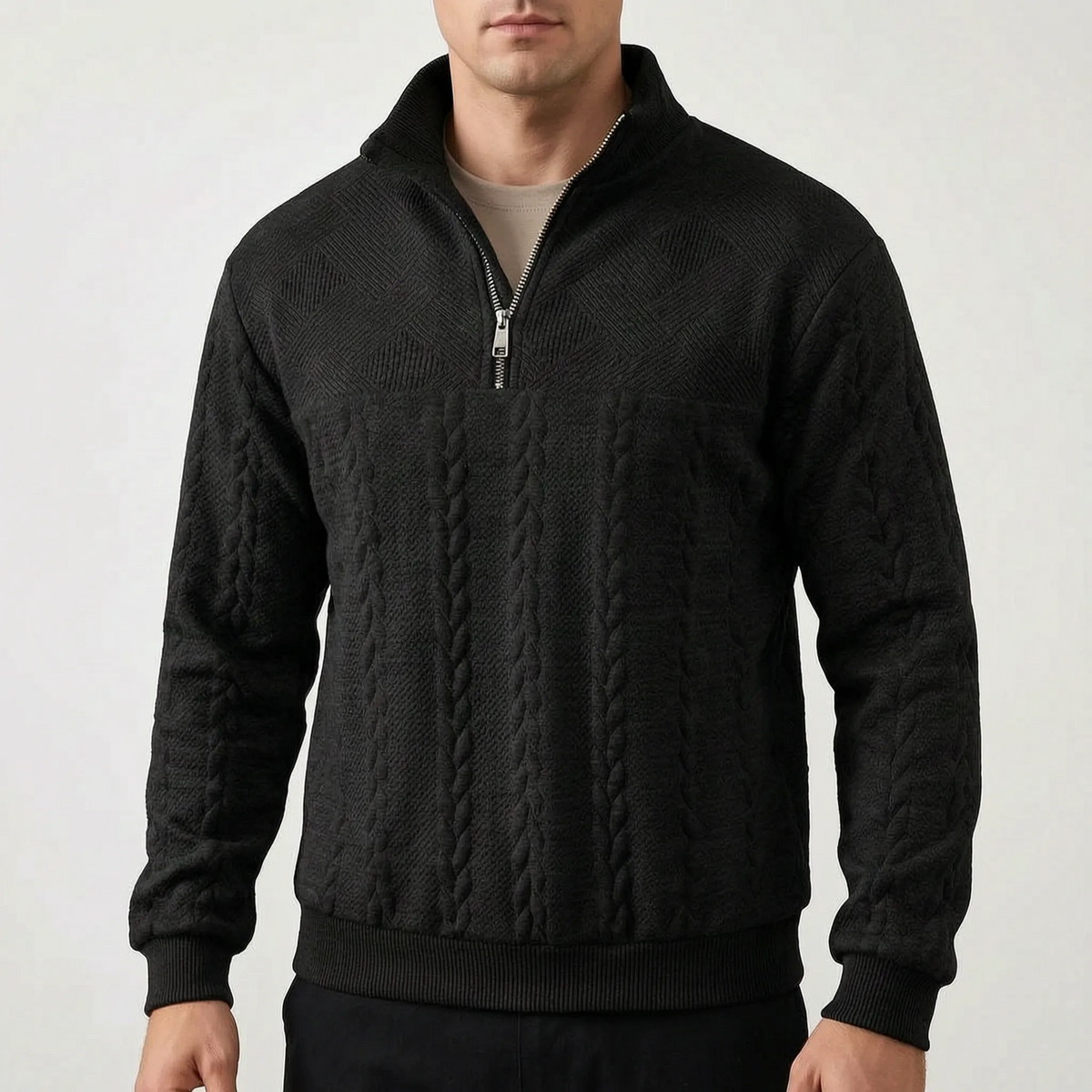Men's textured quarter-zip sweater with mock neck and ribbed trims