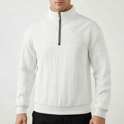 Men's textured quarter-zip sweater with mock neck and ribbed trims